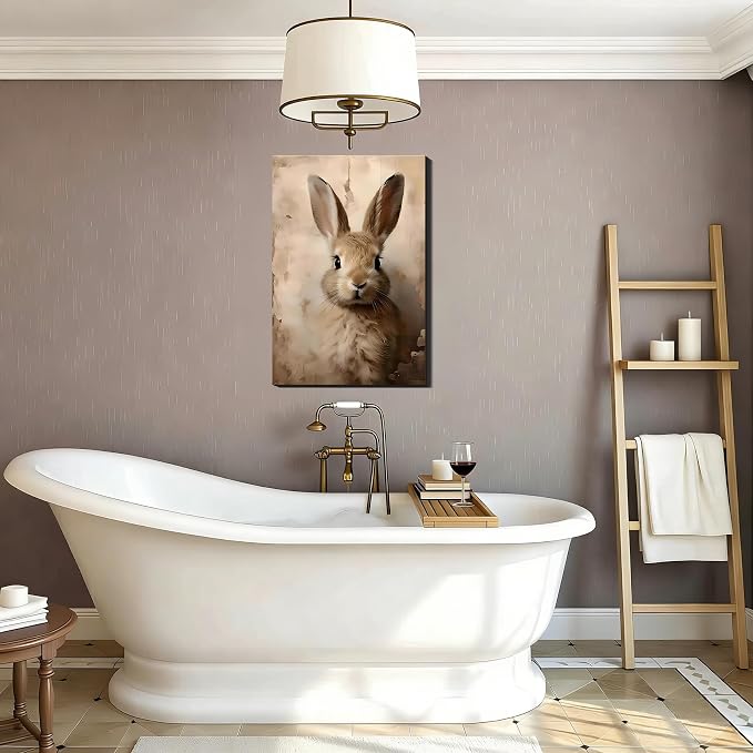 RIBNTAK Brown European Rabbit Portrait Canvas Art 16x24, Vintage Gallery Wrapped Canvas Wall Art, Easter Bunny Prints for Bedroom, Kitchen Rabbit Decor & Home Wall Decoration