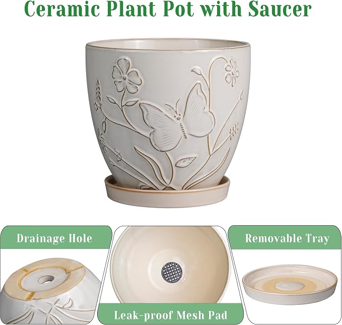 MPotTo 10 Inch Plant Pot Ceramic Planter Pot with Drainage Hole and Saucer Round Planter Large Flower Pot for Indoor Outdoor Plants Home Garden Decor White