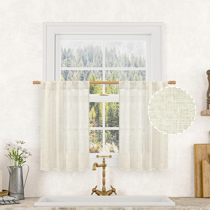 Short Kitchen Linen Curtains 30 Inch Length for Small Windows | Cream Ivory, Semi Sheer Light Filtering Panels, Cafe Drapes for Half Window, Rod Pocket Back Tab, 2 Panels, 25 x 30 Inch