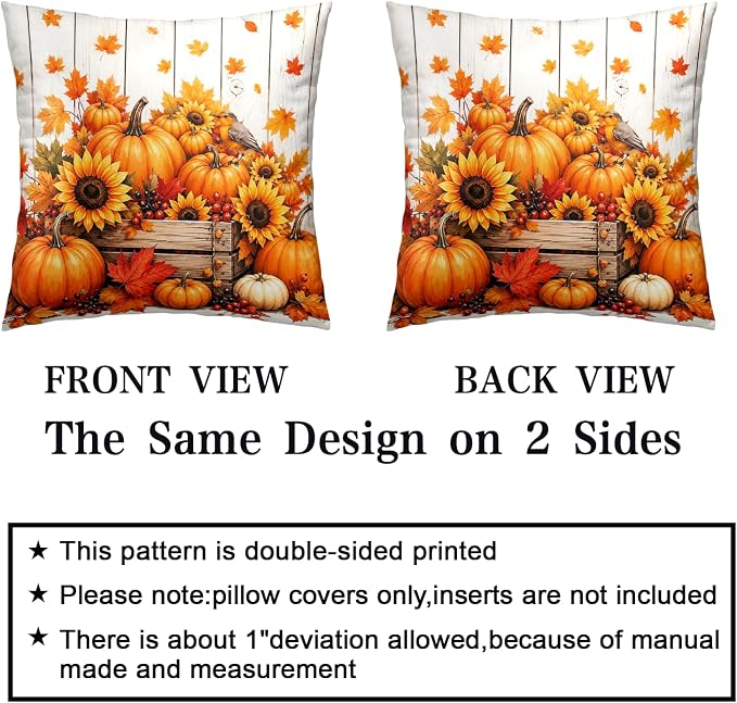 Pumpkin Throw Pillow Covers Harvest Maple Leaf Pillow Cases Thanksgiving Fall Pillow Covers 16x16 Set of 2 Autumn Sunflowers Cushion Cases for Home Bedroom Sofa Couch Patio Garden
