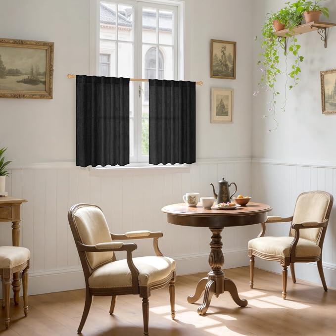 YoungsTex Black Linen Curtains 36 Inch Long for Kitchen 2 Panels, Light Filtering Semi Sheer Drapes Short Length with Back Tab Rod Pocket Gothic Decorative Privacy for Bathroom Cafe, 42 X 36 Inch
