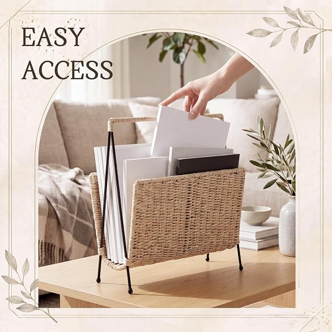 Novabright Hand Woven Magazine Holder with Metal Stand, Large Wicker Book Storage Basket, Decorative Newspaper Mail Storage Rack for Living Room, Bedroom, Bathroom, Home, Office, 13.78 x 14.17 x 3.94