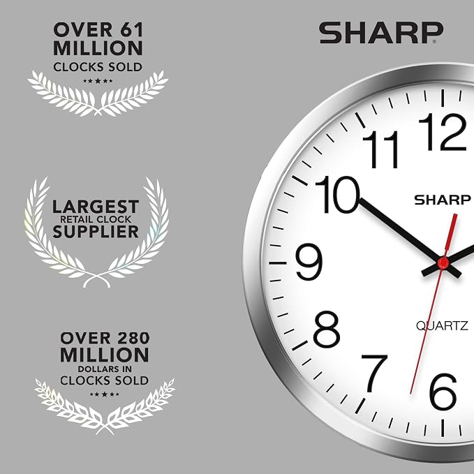 Sharp 10-Inch Battery Wall Clock, Silent Non-Ticking, Easy-Read, Silver | Battery operated; Sweep movement; Large round face; Quartz accuracy; Home, kitchen, office or classroom