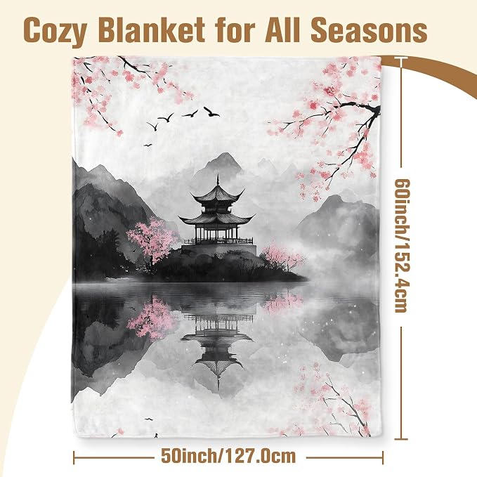 Aimego Cherry Blossom Blanket Gifts for Girls Women Watercolor Lake Retro Throw Blanket Decor for Sofa Living Room Japanese Cherry Blankets(50X60 Inch)