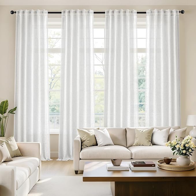 MIULEE White Back Tab Linen Curtains 4 Panels 42W x 108L | Linen material, light filtering, rod pocket back tab hanging, farmhouse decor for living room bedroom