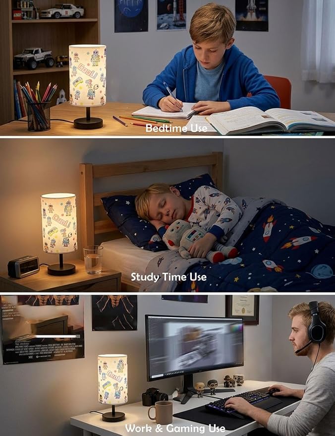 Kids Lamps for Bedrooms Boys, Robot Bedside Lamp , 3 Colors Nightst and Light Lamp, Round Base Flaxen Fabric Desk Lamp for Kids Room, Robot Lamp Gift fo Boys Girls (LED Bulb Included) (Robotic)