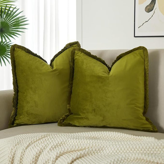 JUSPURBET Olive Green Velvet Throw Pillow Covers 26x26 Inch Set of 2 with Soft Tassel Fringe Luxury Boho Pillowcase for Sofa Couch Bed Home Decor Machine Washable