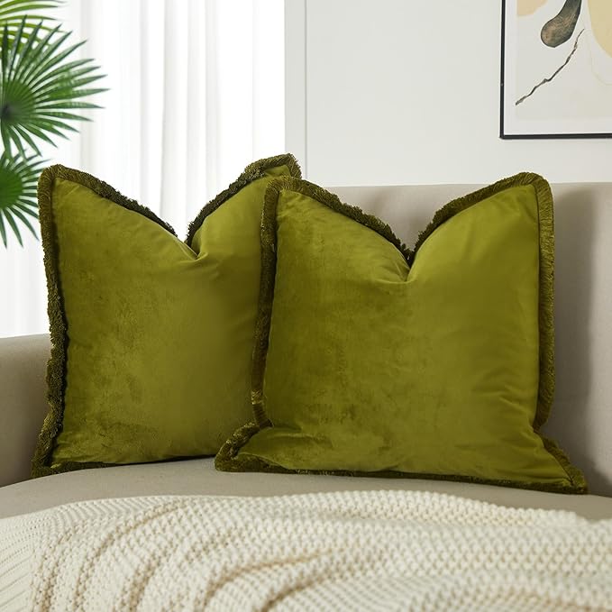 JUSPURBET Olive Green Decorative Velvet Fringe Throw Pillow Covers 20x20 Set of 2 Boho Soft Cushion Case for Home Decor Living Room Couch Sofa Bed