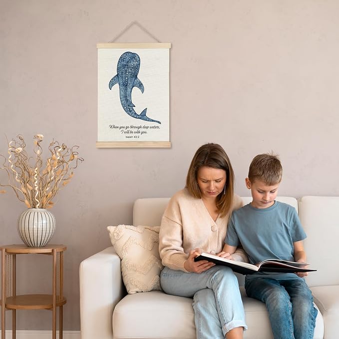 JINYO Whale Shark Christian Wall Art Poster, Bible Verses Wall Decor, Isaiah 43:2 Bible Scripture Canvas Prints Wall Decor for Bedroom Living Room Home Office Church, 16x24 Inches