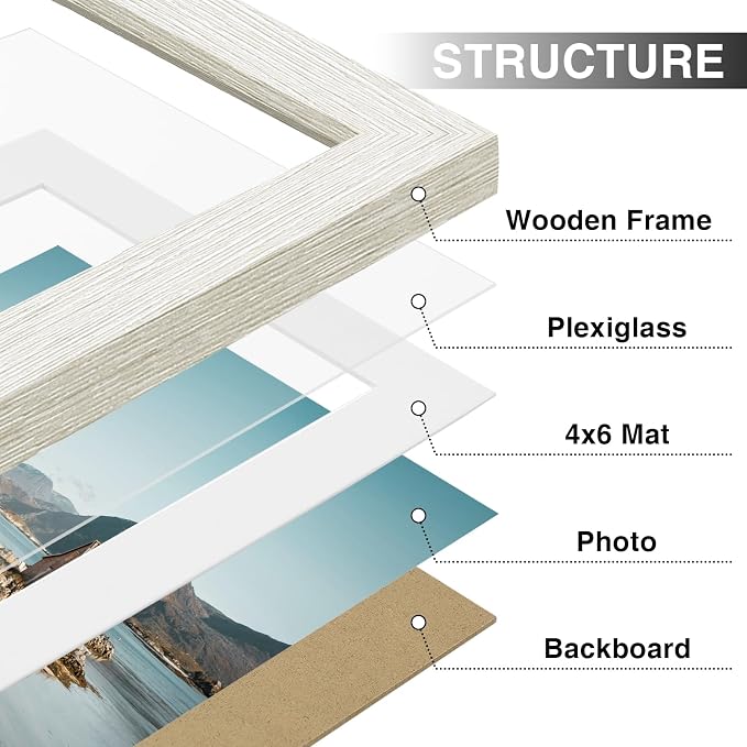 Vittanly 5x7 Picture Frames Set of 9 for Wall Mount or Tabletop, Whitemist | Display Pictures 4x6 with Mat or 5x7 without Mat, Small Photo Frames, Engineered Wood with Shatter Resistant Plexiglass