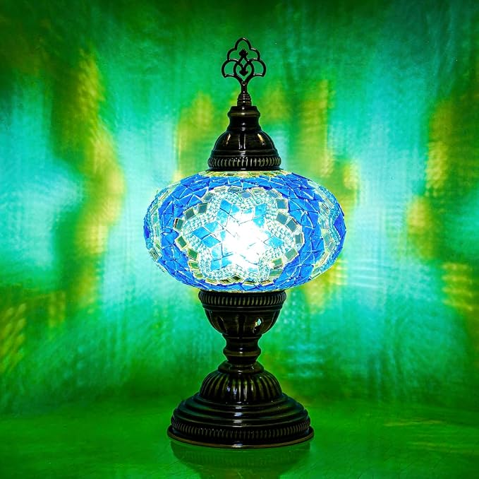 Turkish Mosaic Table Lamp with Bulb – Handmade Turquoise Blue Stained Glass Bedside Light, Authentic Vintage Boho Decor with E12 Socket & US Plug
