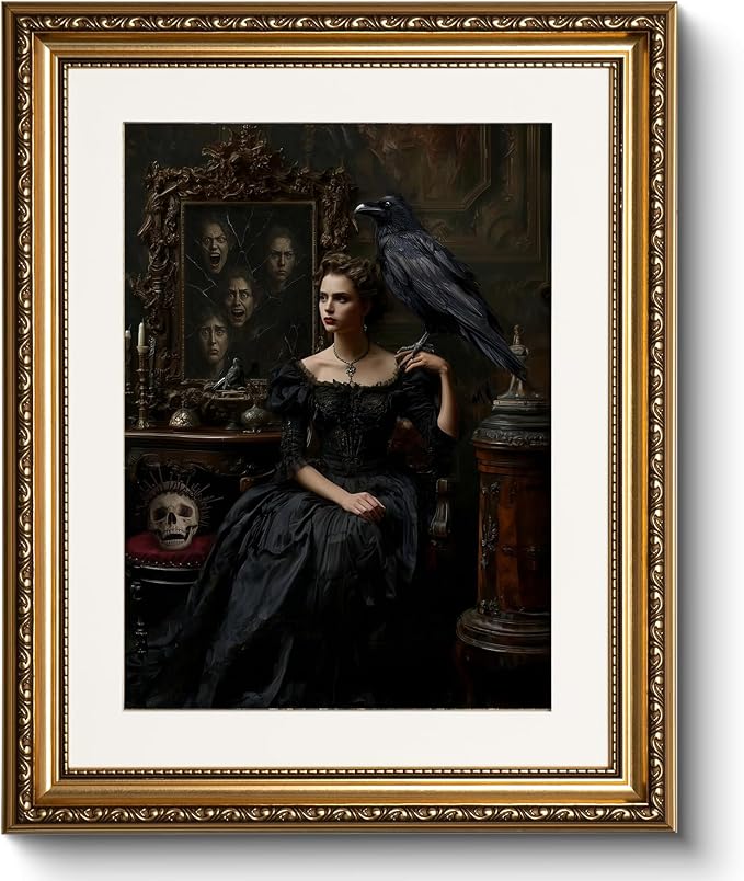 WHASAYART Vintage Gold Framed Woman Portrait Raven Canvas Wall Art | Vintage Gothic Victorian Wall Decor, Dark Academia Décor for Halloween Living Room Bedroom, 13x16" Waterproof Canvas Painting