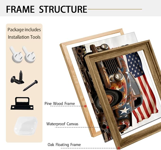 American Flag Framed Canvas Wall Art, 4th of July Patriotic Canvas Prints | USA Flag with Truck Poster Print, Vintage Independence Day Wall Decor for Bedroom Living Room Dining Room Office 24×32in