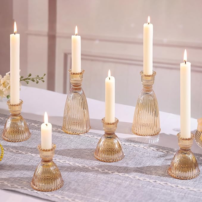 Gold Candlestick Holders Set of 6-4pcs 3.5"& 2pcs 6" Assorted Taper Candle Holder Centerpieces for Wedding, Ribbed Glass Candle Holders Bulk for Party Table Decor, Modern Home Decor