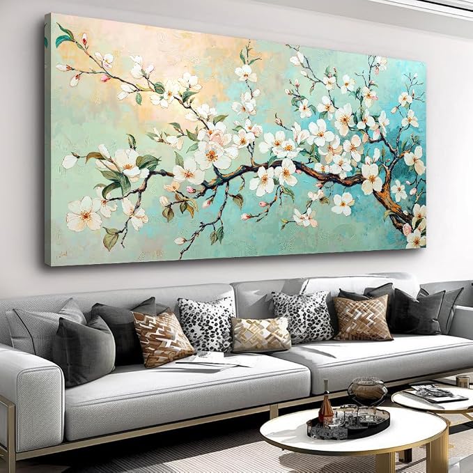 Large White Prunus mume Flower Wall Art Elegant Flower Framed Floral Canvas Print for Living Room, Bedroom, Dining Room, Home Office Modern Ready to Hang Home Decor - 30"x60"