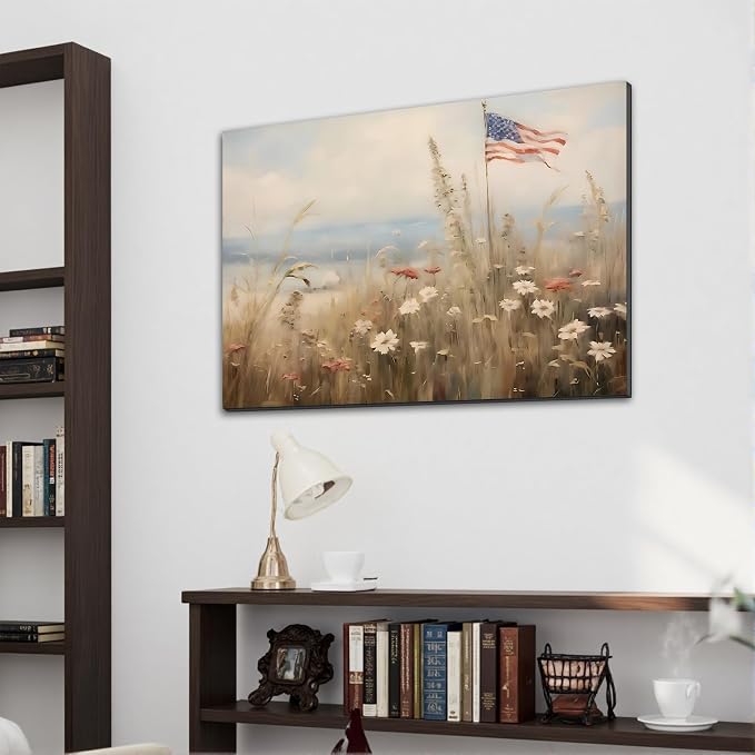 Framed American Flag Wildflower Field Wall Art, Patriotic Rustic Canvas Art Pictures, USA Flag Coastal Meadow Wall Decor, Made in USA Ready to Hang for Living Room Bedroom