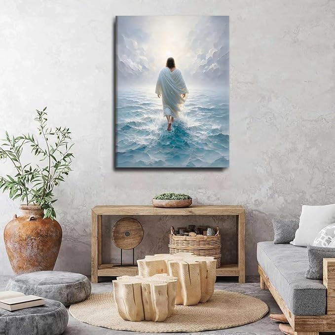 AUUAUU Jesus Walks on Water Wall Art Christian Canvas Painting 16x24 Inch | Religious Picture Canvas Prints Bible Stories Artwork Wall Decor for Living Room Bedroom Prayer Room Ready to Hang