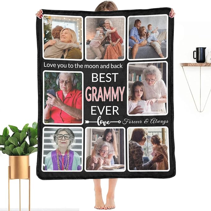 Gifts for Grammy Custom Blanket with Photo, Make a Personalized Family Blankets with Picture, Customized Memories Souvenir Throws for Best Grammy Ever, 8 Collage Made in USA