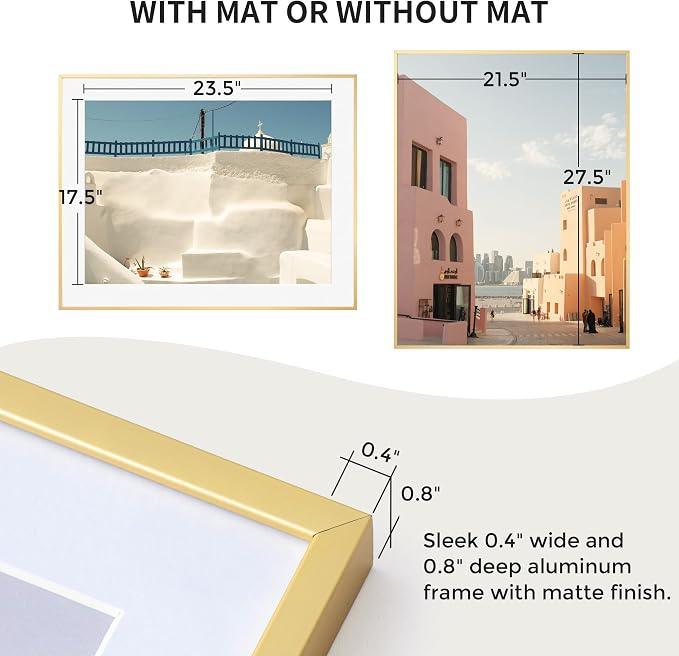 Fun Memories 22x28 Metal Picture Frame with 18x24 Mat, Brushed Aluminum Finish, Tempered Glass Front, and Attached Hanging Hardware - Wall Display Frames for Vertical or Horizontal Orientation - Gold