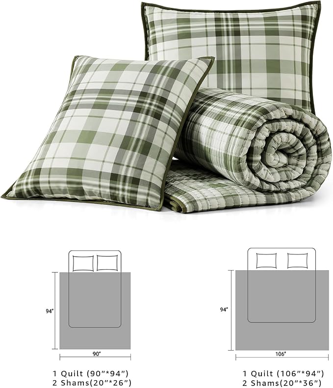 Twin Quilt-Lightweight Bedspread Plaid Quilt Twin Size Quilt Bedding Set | Green Reversible Coverlet for All Seasons, Suitable for Bed, Couch, 2 Pieces, 66"x92"