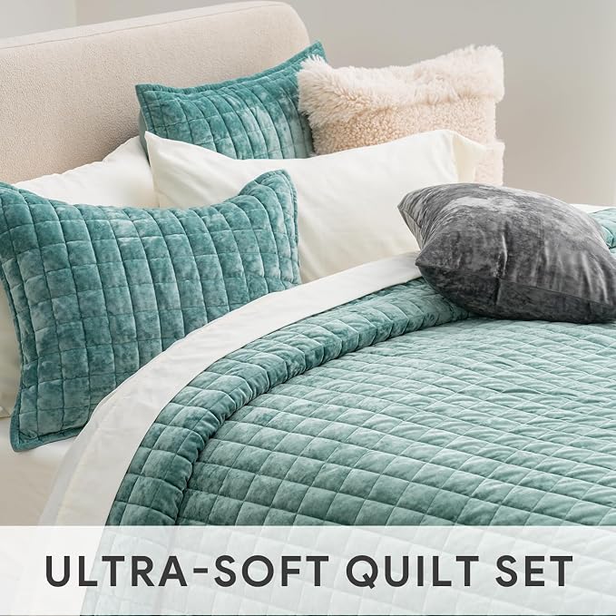 RECYCO Channel Box Stitch Velvet Quilt Set, Full Queen Size, Aqua Green | Ultra Soft Lightweight Velvet Comforter, Luxury Oversized Bedspread Coverlet, Quilted Bedding Set for All Season with 2 Shams