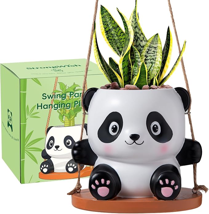 Swing Panda Hanging Planters for Indoor Plants, Cute Succulent Pots with Drainage Hole, Small Hanging Flower Pots Outdoor, Panda Gifts for Plant Lovers (Girl-Pink)