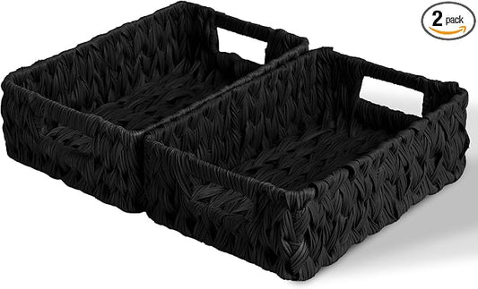 GRANNY SAYS Wicker Storage Baskets for Shelves, Black Wicker Basket, 2-Pack | Waterproof Woven Baskets for Storage, Decorative Basket, Wicker Baskets for Organizing, organizer Basket, Black Woven Basket