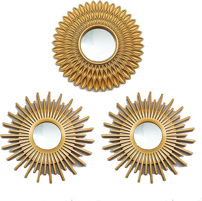 Gold Mirrors for Wall Decor Pack of 3. Round Mirrors.Rays of Light and Annual Ring Shape. Decorative Mirrors.Wall Mirrors for Decor Home Decor.Plastic Frames.Glass Mirrors.Sun Gold Color.