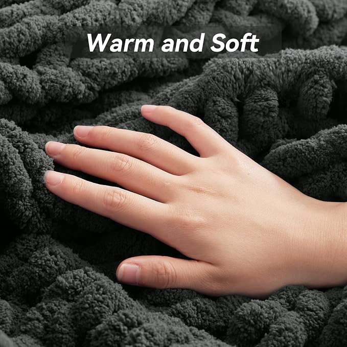 Negwoo Chunky Knit Throw Blanket, Knitted Throw Chenille Yarn, 80"*90" | Soft Thick Cable Knitted Blankets, Handmade Big Thick Blanket, Machine Washable Cute Comfy Blanket for Home Decor, Dark grey