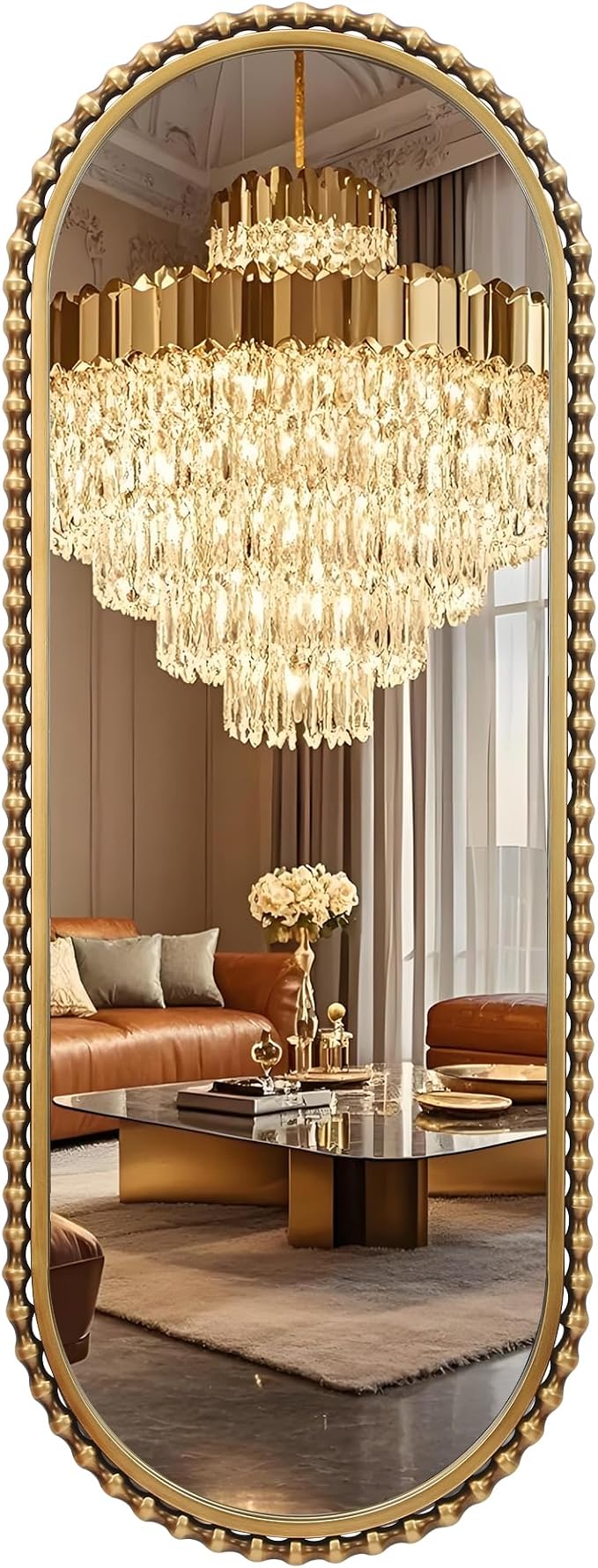 20"x53" Oval Full Length Wall Mirror, Unique Bold Beaded Frame | Antique gold long oval mirror, vertical or horizontal hanging for dressing room, bathroom, entryway, bedroom, living room