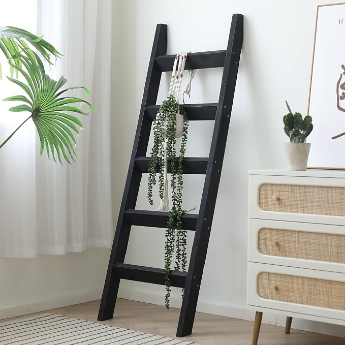 FUIN Blanket Ladder, 5ft Angled rungs Rustic Solid Wood Decor Rack, Black | 5 rungs, farmhouse quilt display holder, organize towel, leaning wall, bathroom and living room use, knocked down side rail