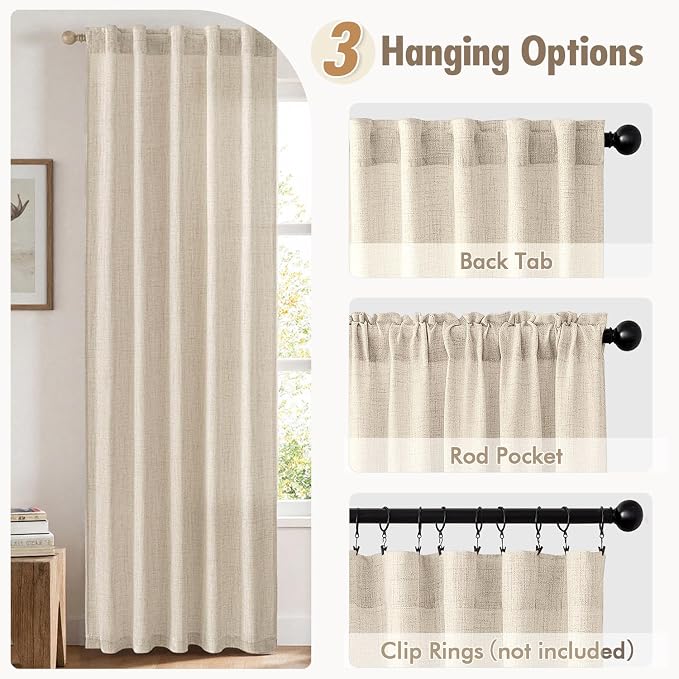 MIULEE Faux Linen Curtains 84 Inch Length 2 Panels Natural Cream Beige Semi Sheer Curtain with Back Tab Rod Pocket, Light Filtering Window Privacy Burlap Drapes for Living Room Bedroom 42W x 84L