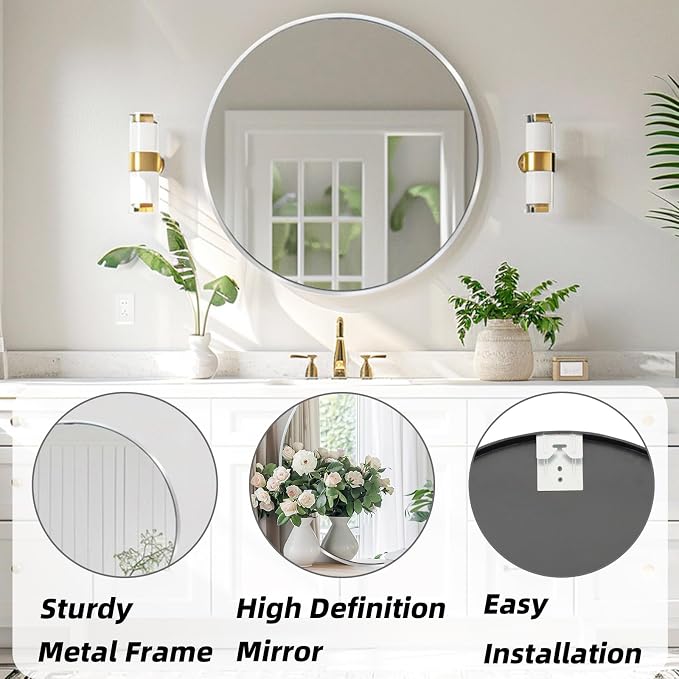 Round Silver Mirror 16 inch, Circle Mirror, Brushed Nickel, Chrome | Metal Frame, Small Circular Wall Mirrors for Bathroom, Kids Room, Nursery, Vanity, Bedroom, Entryway, Living Room, Over Sink