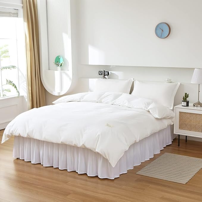 MEILA Wrap Around Elastic Bed Skirt for Twin & Full Beds, 12" Drop, White | Three-Side Adjustable Elastic Dust Ruffle, Ruffled Polyester Fabric, Easy to Install, Fade Resistant & Machine Washable