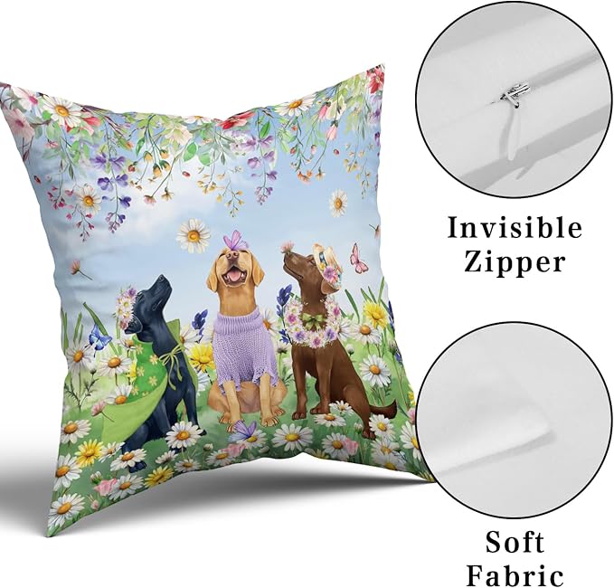 Giwawa 2PCs Spring Dogs Throw Pillow Covers, 20"x20" Colorful Wildflowers Funny Puppy Decorative Square Pillow Cases, Watercolor Floral Animal Cotton Cushion Covers Sofa Porch Bedding Decor