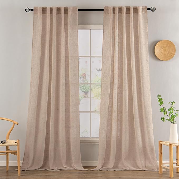 MIULEE Natural Beige Linen Curtains 52x108 Inch for Bedroom Living Room | Long 2 Panels, Soft Linen Textured Window Drapes, Semi Sheer Light Filtering, Back Tab Rod Pocket,Farmhouse Burlap Look Decor