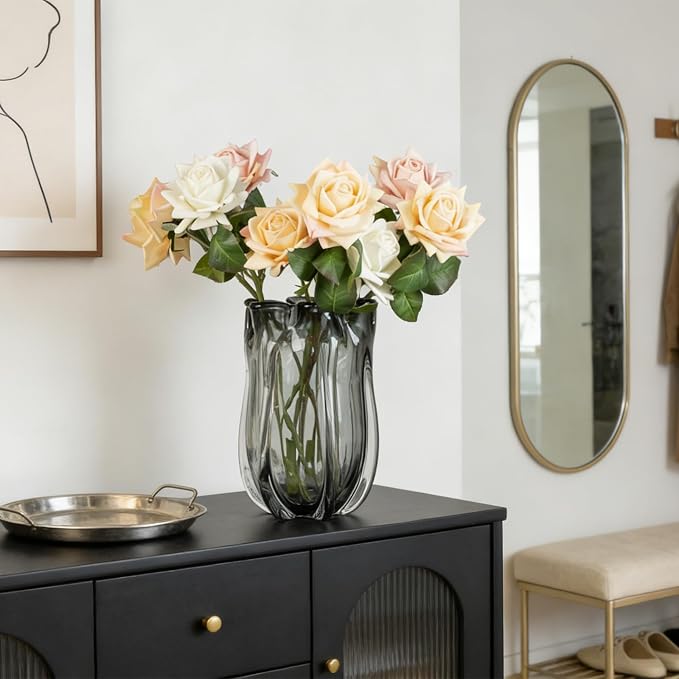 Modern Black Advanced Grey Glass Vase for Flowers, Hand Blown Art Glass Glass vase,Room Decoration and Centerpiece