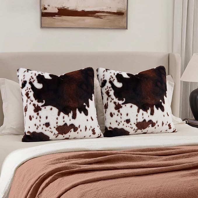 cygnus Cow Print Throw Pillow Covers 18x18 inch | Set of 2,Fluffy Fuzzy ，Faux Fur Throw Pillow Covers for Couch Sofa Living Room Bedroom Decor