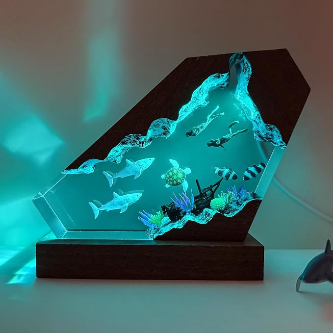 Handcrafted Shark Resin Ocean Lamp with Wooden Base