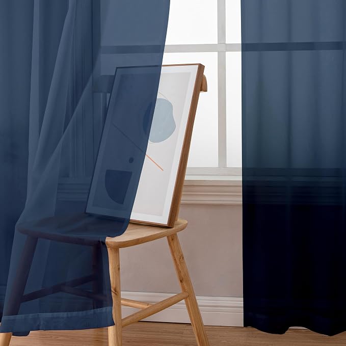 Simplebrand Blue Sheer Curtains 63 Inch Length 2 Panels, Rod Pocket Solid Color Window Sheer Curtain Panels, Elegant Curtains & Drapes for Living Room, Bedroom 2 Panels (Navy Blue, 42" W x 63" L)