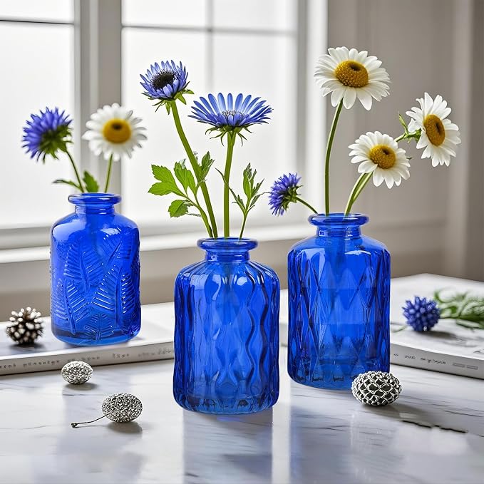 ELEGANTTIME Cobalt Blue Glass Bud Vase Small Flower Vase Mini Bottle with Cork Wire Handle Design for Deco Cafes, Office Table, Home and Garden(Set 5)