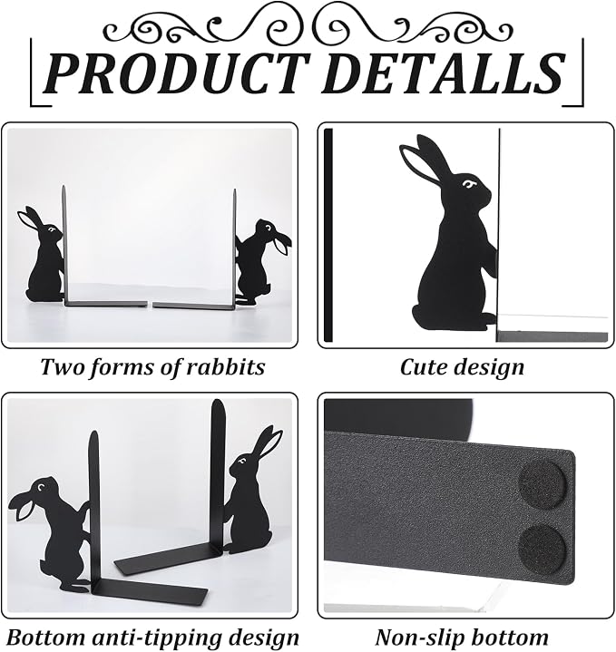 Geelin Rabbit Bookends Set of 2, Metal Bunny Book Ends for Shelves
