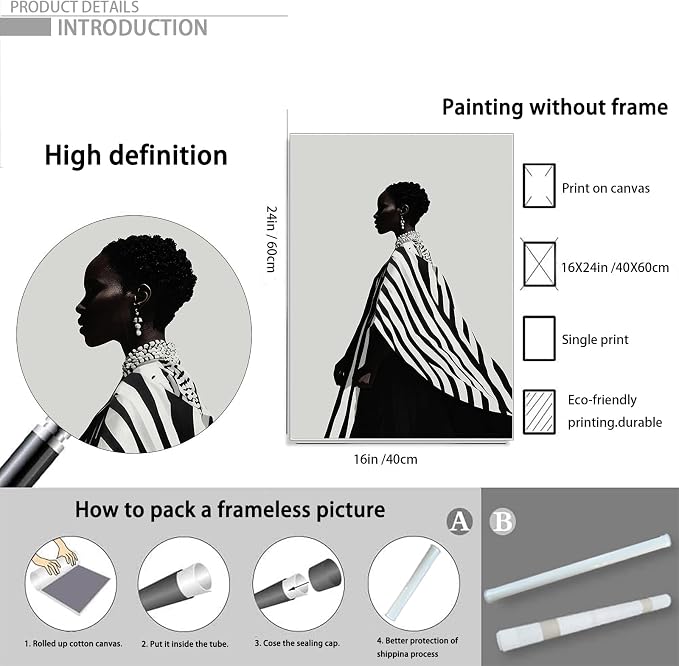 Black Female Picture Printing African American Girl Poster 16x24IN Unframed | Black African American Women Picture Wall Art Modern Cultural Wall Art for Apartment Living Room Bedroom Office Home Decor