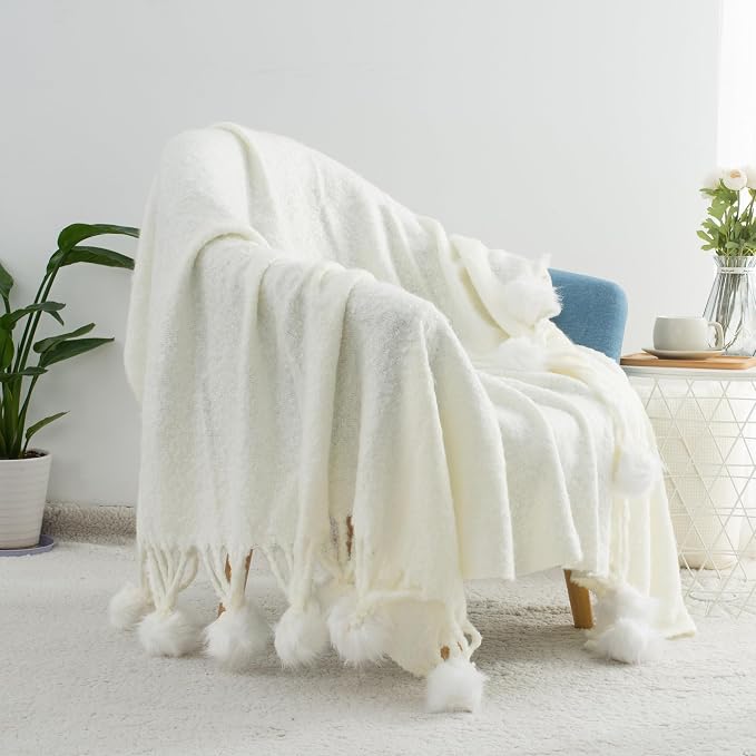 White Pom Pom Throw Blanket for Couch, 60"X80" Soft Lightweight Knitted Farmhouse Decorative Blankets for Bed and Sofa