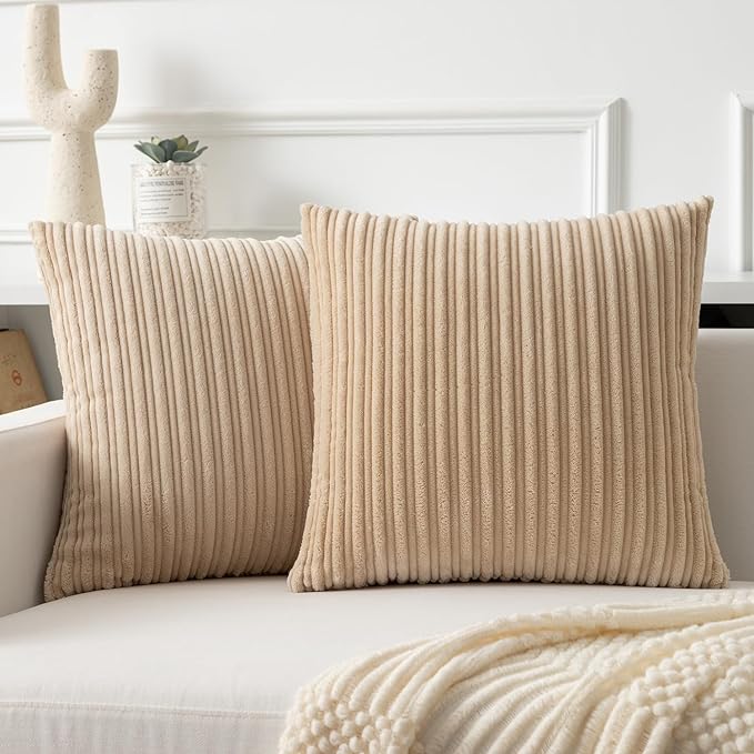 Kevin Textile Striped Corduroy 16”x16” Pillow Covers 2 Pack, Beige