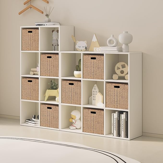 Foldable Storage Baskets with Handles Paper Rope Storage Baskets Rectangle Collapsible Hand Woven Storage Cubes Bins for Organizing Shelves Living Room Bedroom Pantry (4, 11'' x 11'' x 11'')