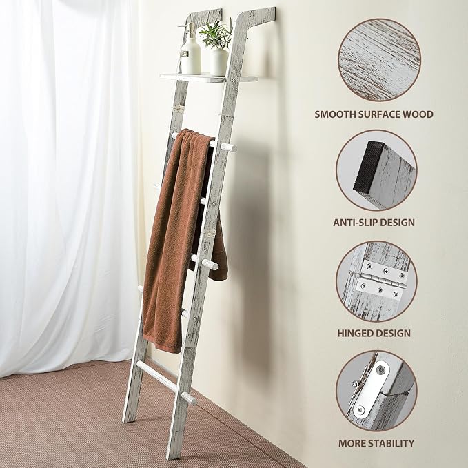 Taozun Wash White Blanket Ladder with Shelf for Living Room, Wall Leaning | 67-Inch Farmhouse Blanket Rack with 5 Pegs for Towels, Quilt and Throws, Wood Blanket Holder for Organization and Display