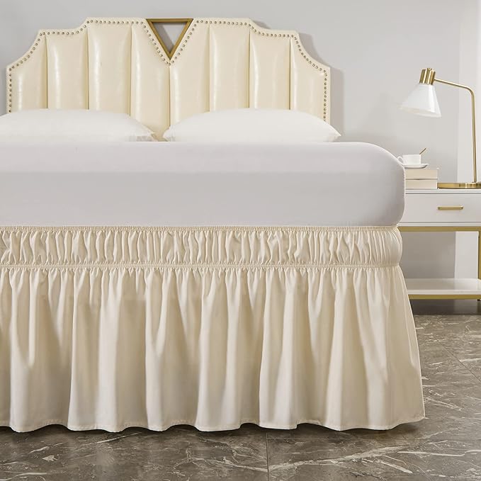 MEILA Wrap Around Elastic Bed Skirt for Twin & Full Beds, 18" Drop, Beige | Three-Side Adjustable Elastic Dust Ruffle, Ruffled Polyester Fabric, Easy to Install, Fade Resistant & Machine Washable