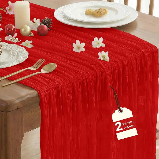 IVAPUPU Red Table Runner 120 Inches for Wedding Birthday Party Home Decor | 2 Pcs Boho Gauze 10FT Cheesecloth Table Runners for Baby Shower Decorations Summer Garden Farmhouse