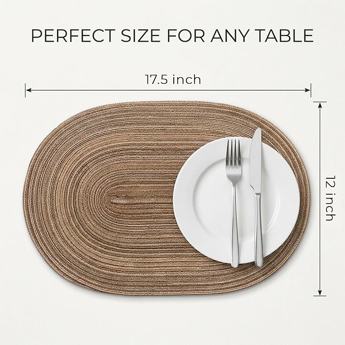 Placemats Set of 6, Woven Oval Braided Dining Table Mats(Brown) | 12 x 17.5 Inch Size Fits Plates and Flatware; Hand Washable and Heat Resistant for Kitchen Use, with Farmhouse and Boho Style
